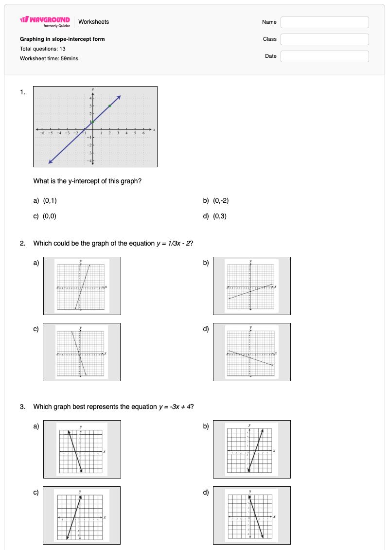 Graphing in slope-intercept form - พิมพ์ได้ รูปแบบความชัน-จุดตัดแกน เวิร์กชีท - Wayground