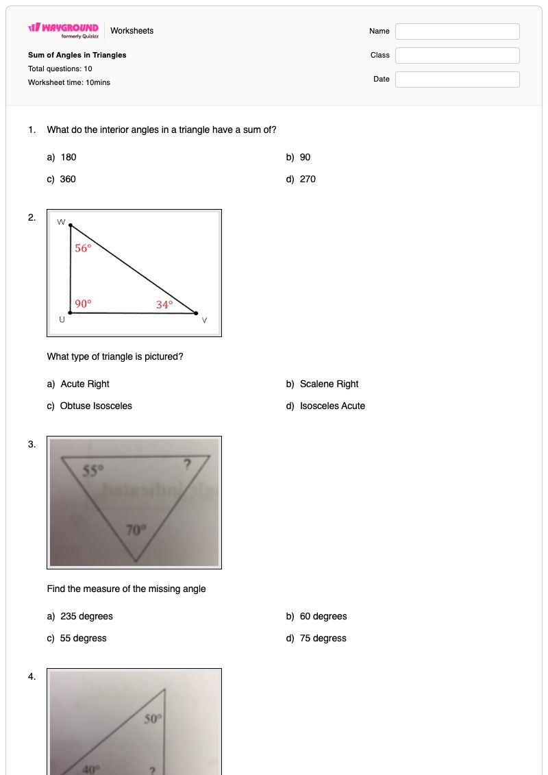 Sum of Angles in Triangles - Printable Angles Worksheets - Wayground