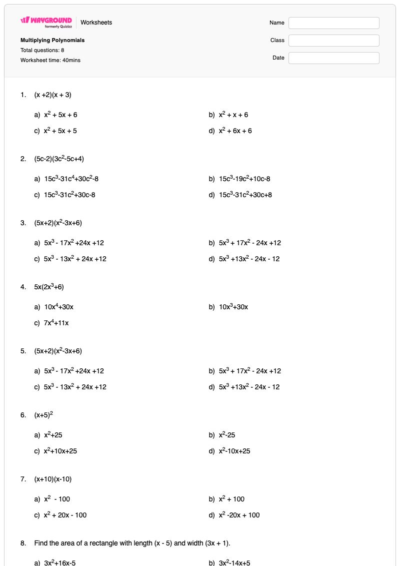 Multiplying Polynomials - Printable Multiplication Worksheets - Wayground
