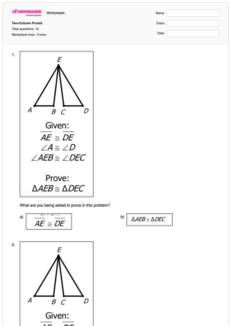 Two-Column Proofs - พิมพ์ได้ การพิสูจน์แบบสองคอลัมน์ เวิร์กชีท - Wayground