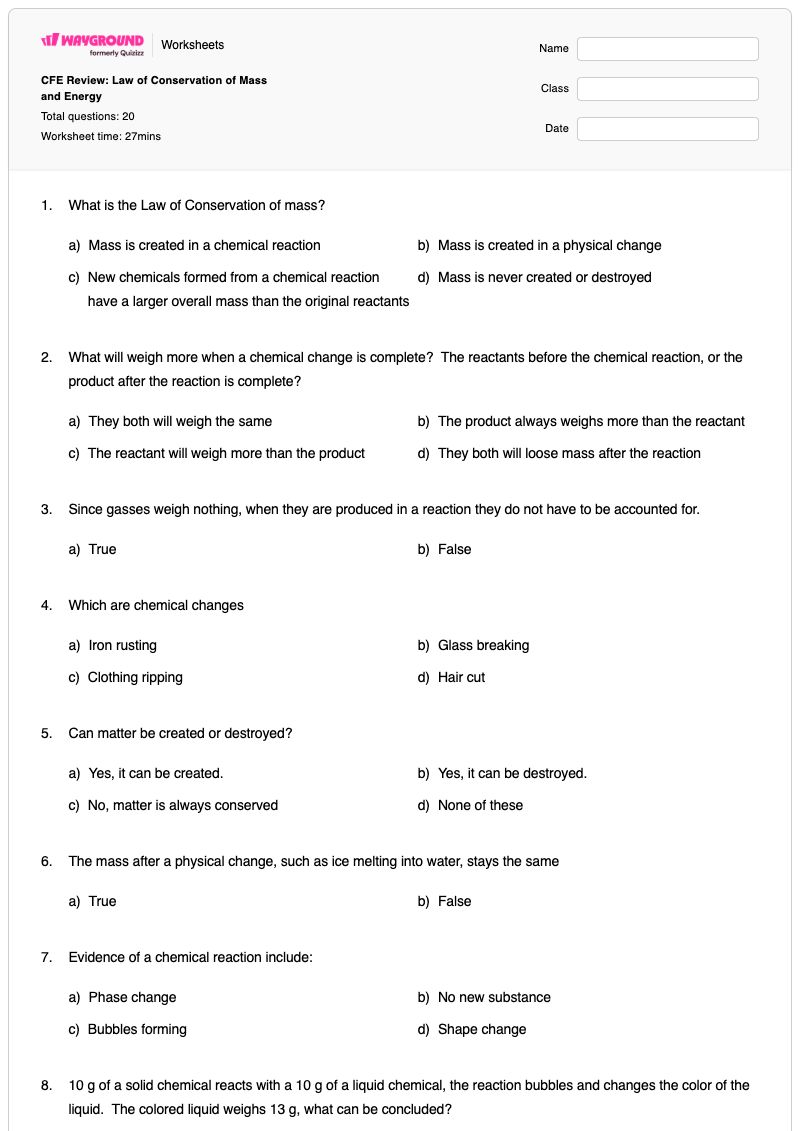 CFE Review: Law of Conservation of Mass and Energy - Printable Conservation-of-energy Worksheets - Wayground