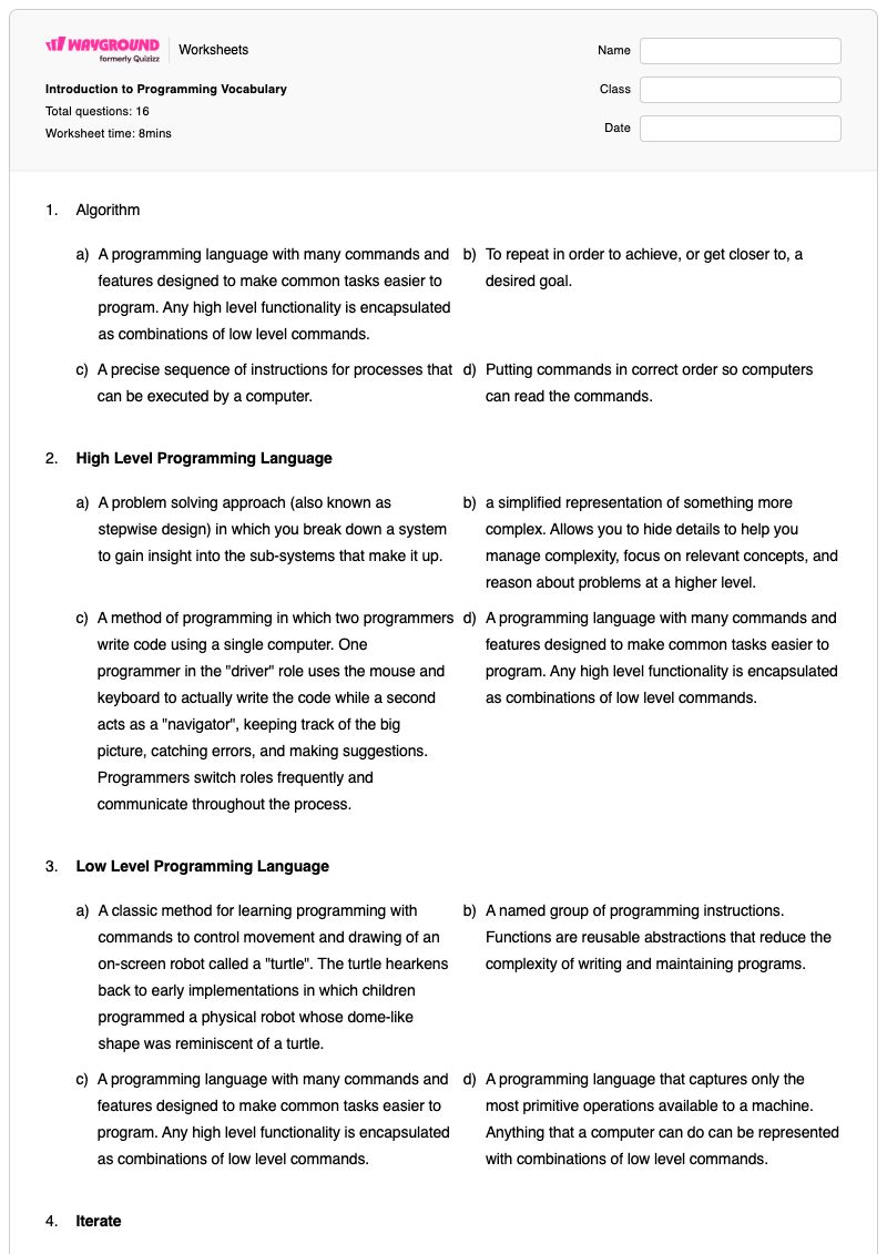 Introduction to Programming Vocabulary - พิมพ์ได้ Linear-programming เวิร์กชีท - Wayground