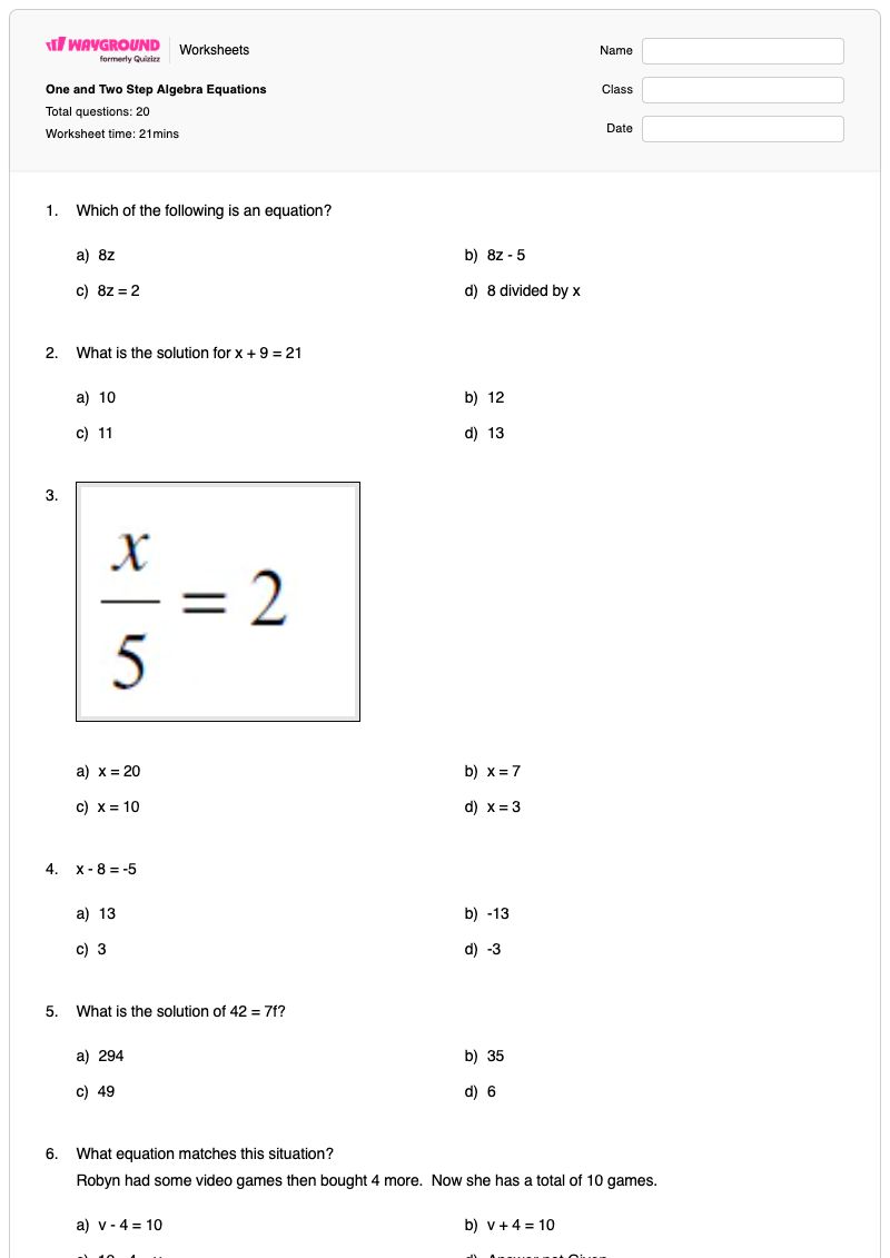 One and Two Step Algebra Equations - พิมพ์ได้ สมการสองขั้นตอน เวิร์กชีท - Wayground