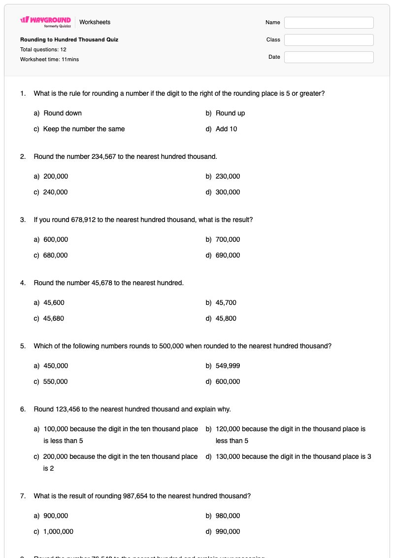 Rounding to Hundred Thousand Quiz - Printable Rounding-to-the-nearest-thousand Worksheets - Wayground
