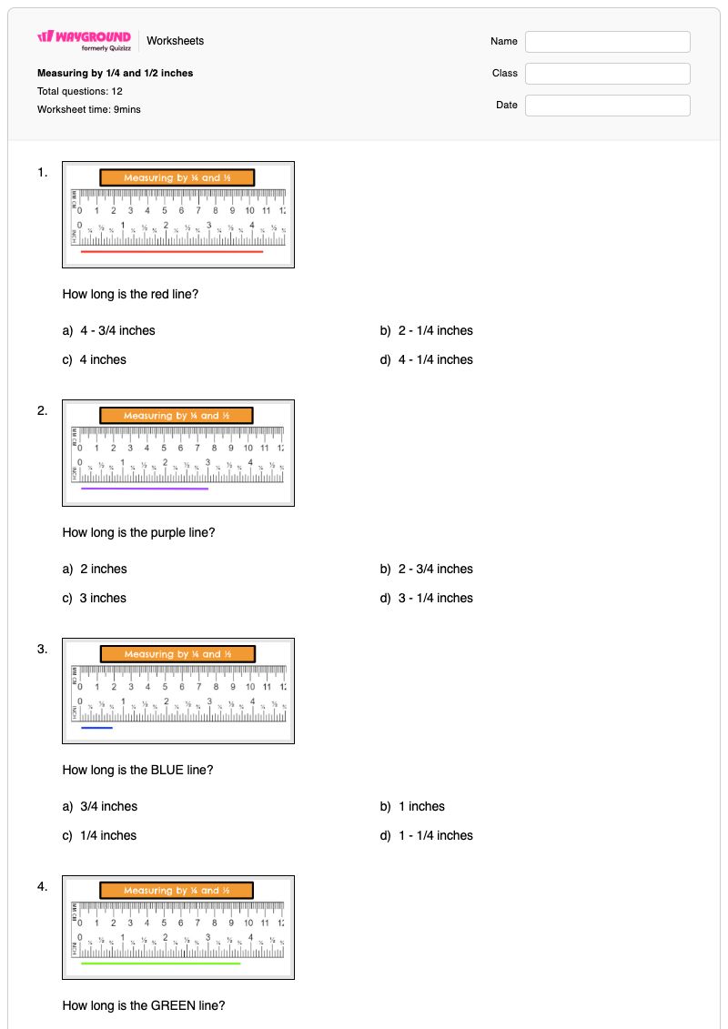 Measuring by 1/4 and 1/2 inches - พิมพ์ได้ Measurement-tools-and-strategies เวิร์กชีท ระดับ 3 - Wayground