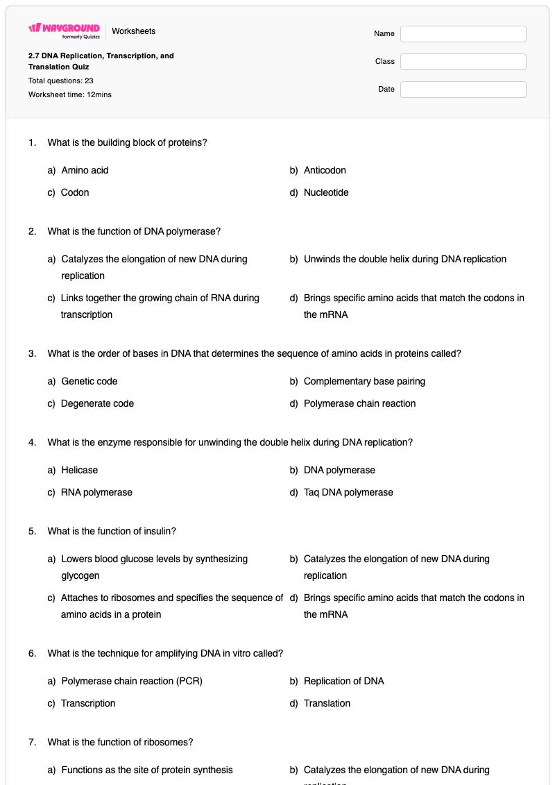 2.7 DNA Replication, Transcription, and Translation Quiz - Printable Transcription-and-translation Worksheets - Wayground