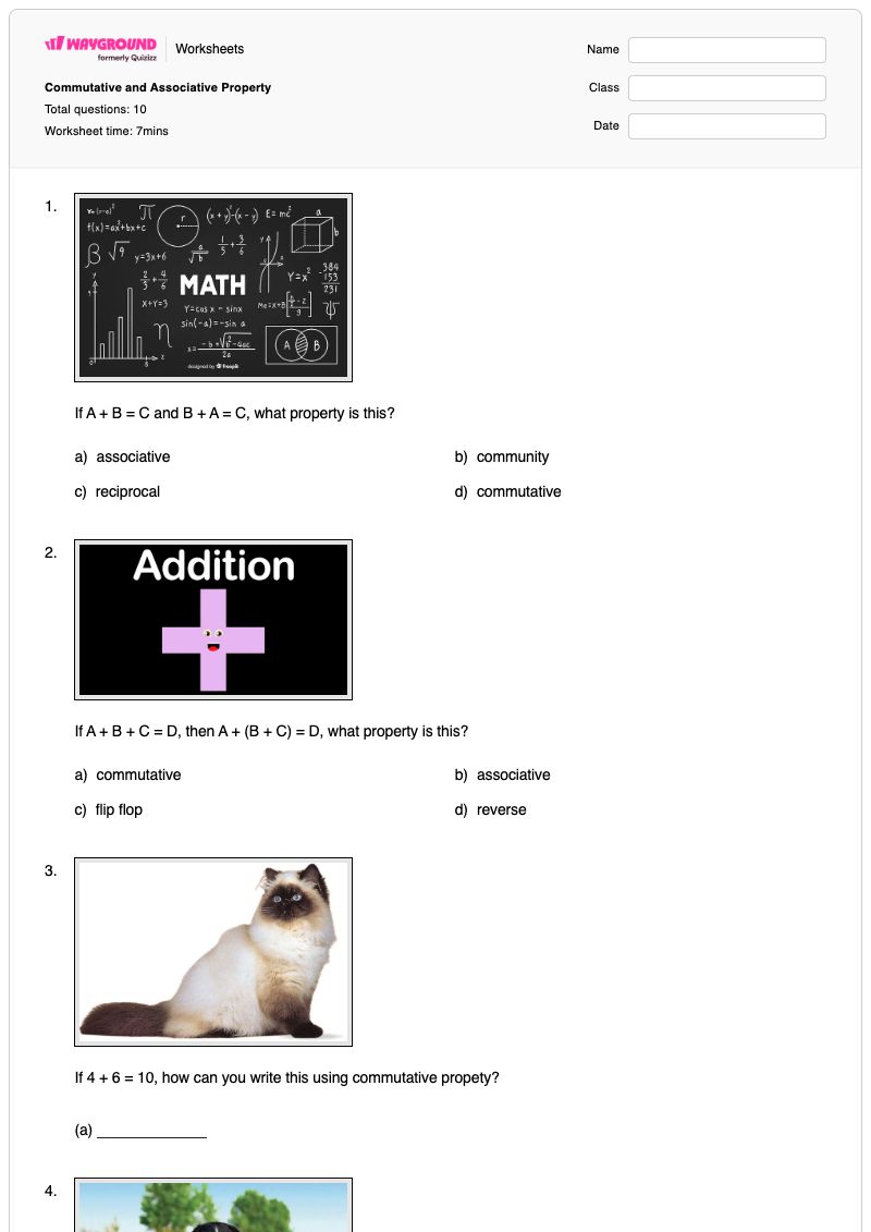 Commutative and Associative Property - พิมพ์ได้ Distributive-property เวิร์กชีท ระดับ 1 - Wayground