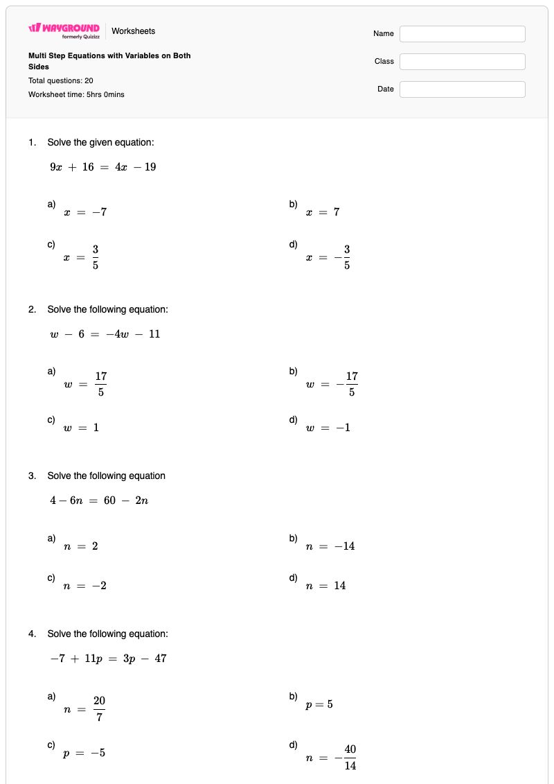 Multi Step Equations with Variables on Both Sides - พิมพ์ได้ สมการที่มีตัวแปรอยู่ทั้งสองข้าง เวิร์กชีท - Wayground