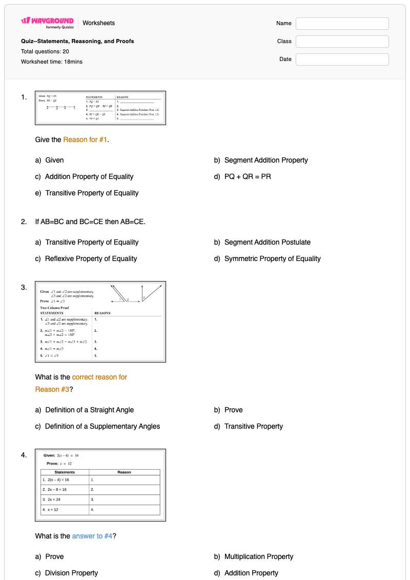 Quiz--Statements, Reasoning, and Proofs  - พิมพ์ได้ Mathematical-proofs เวิร์กชีท ระดับ 9 - Wayground