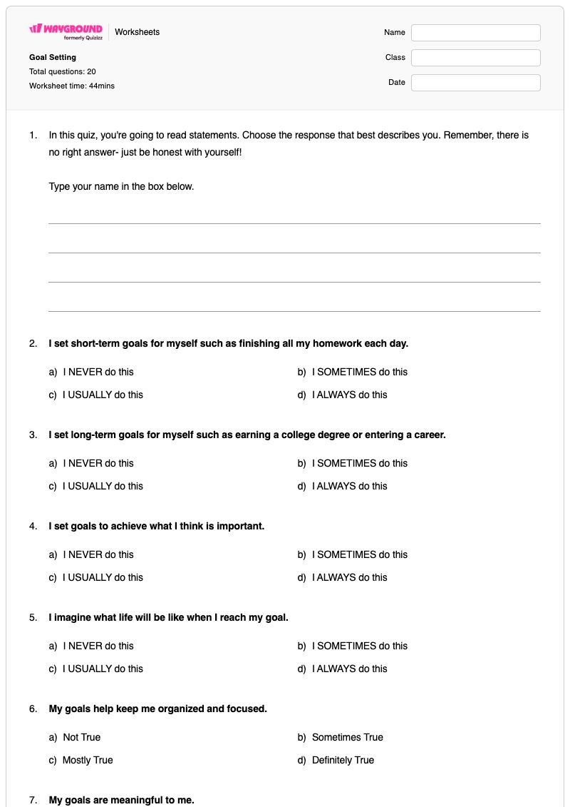 Goal Setting - Printable Personal-fitness Worksheets Grade 5 - Wayground