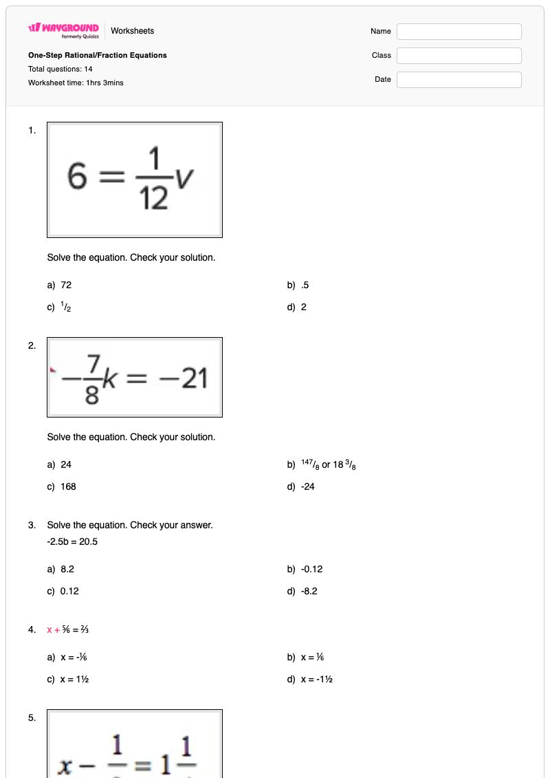 One-Step Rational/Fraction Equations - พิมพ์ได้ สมการขั้นตอนเดียว เวิร์กชีท - Wayground