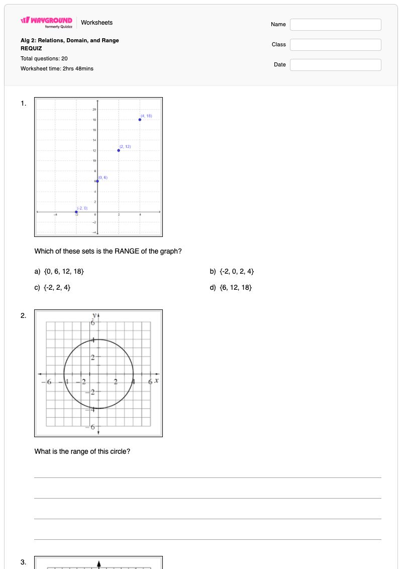 Alg 2: Relations, Domain, and Range REQUIZ - Printable Algebra-2 Worksheets - Wayground