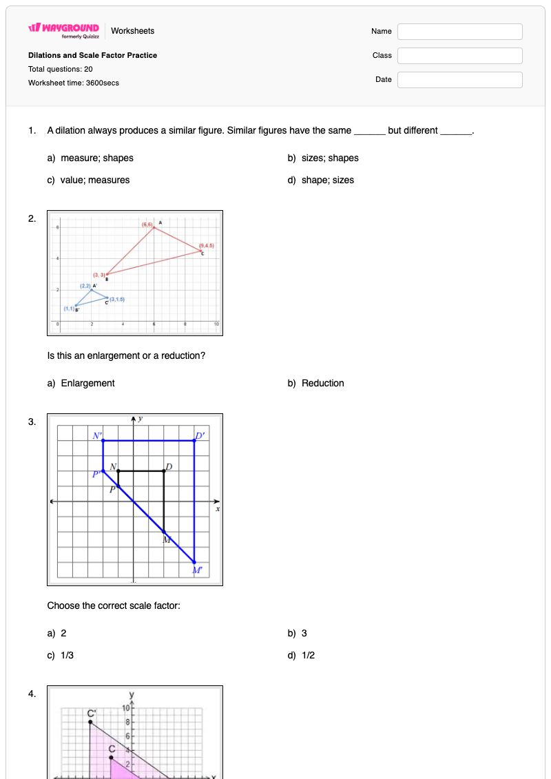 Dilations and Scale Factor Practice - พิมพ์ได้ ตัวเลขที่คล้ายกัน เวิร์กชีท - Wayground
