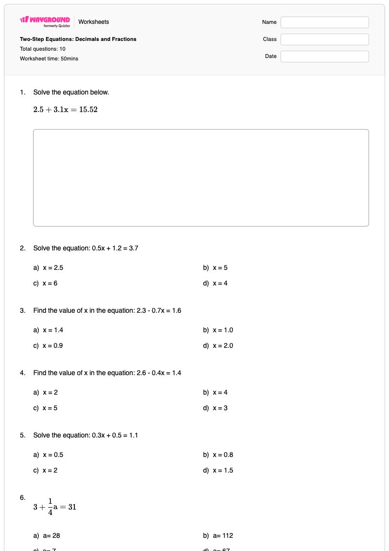 Two-Step Equations: Decimals and Fractions - พิมพ์ได้ สมการสองขั้นตอน เวิร์กชีท - Wayground