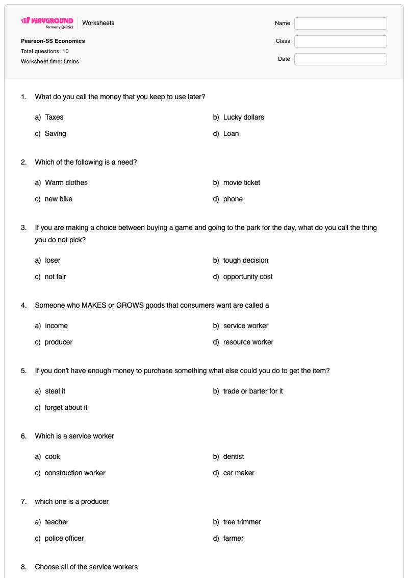 Pearson-SS Economics - Printable Economics Worksheets Year 2 - Wayground