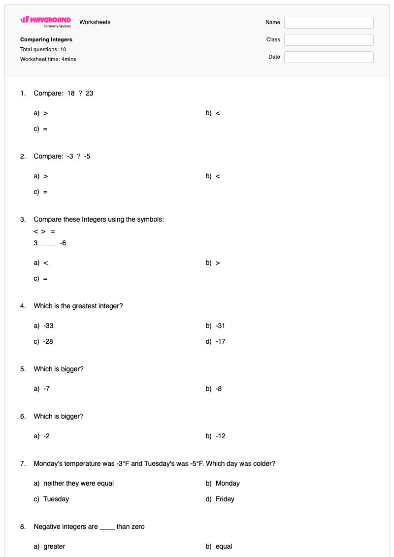 Comparing Integers - พิมพ์ได้ จำนวนเต็มบวกและจำนวนเต็มลบ เวิร์กชีท - Wayground