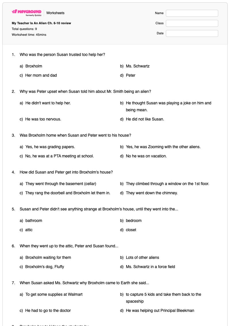 My Teacher Is An Alien Ch. 6-10 review - พิมพ์ได้ Name-tracing เวิร์กชีท - Wayground