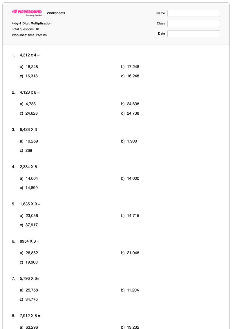 4-by-1 Digit Multiplication - Printable Multiplication Worksheets - Wayground