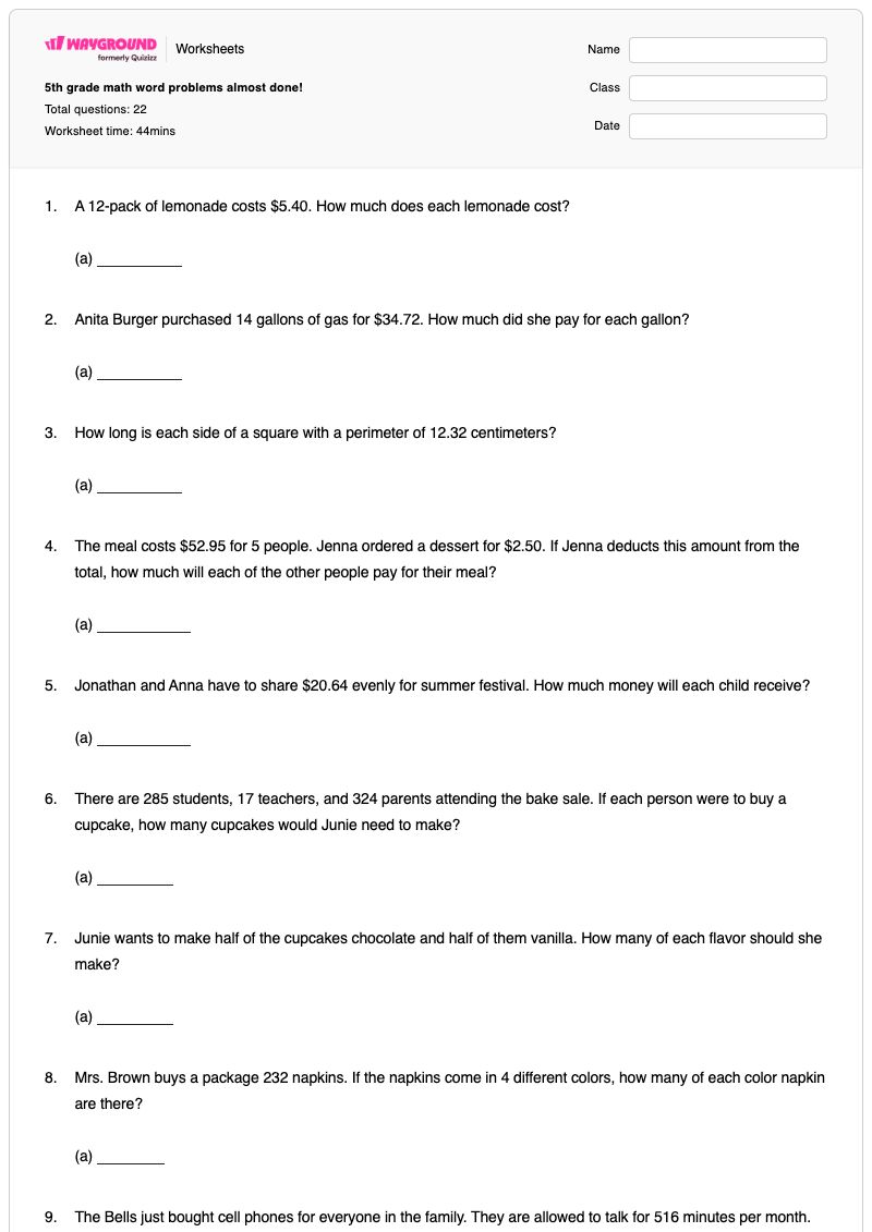 5th grade math word problems almost done! - Printable Math-word-problems Worksheets - Wayground