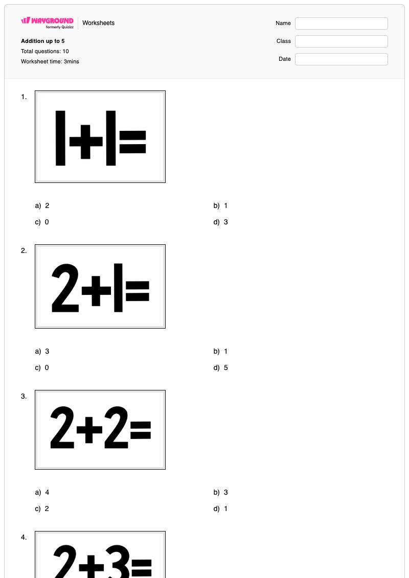 Addition up to 5 - Printable Addition Worksheets - Wayground