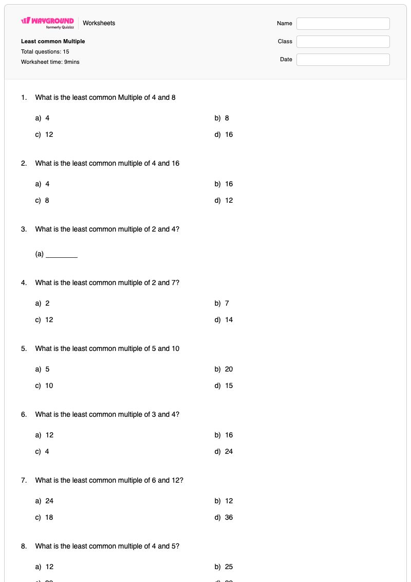 Least common Multiple - Printable Least-common-multiple-lcm Worksheets Year 5 - Wayground