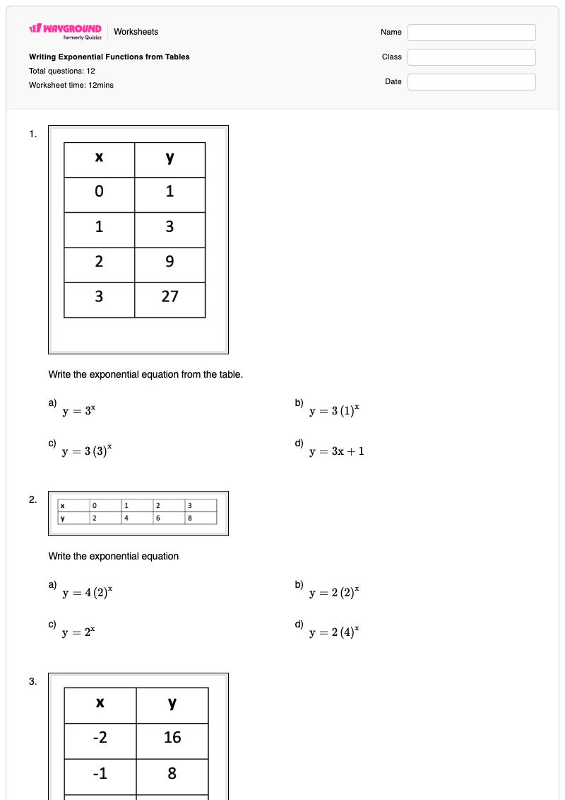 Writing Exponential Functions from Tables - พิมพ์ได้ Function-tables เวิร์กชีท - Wayground
