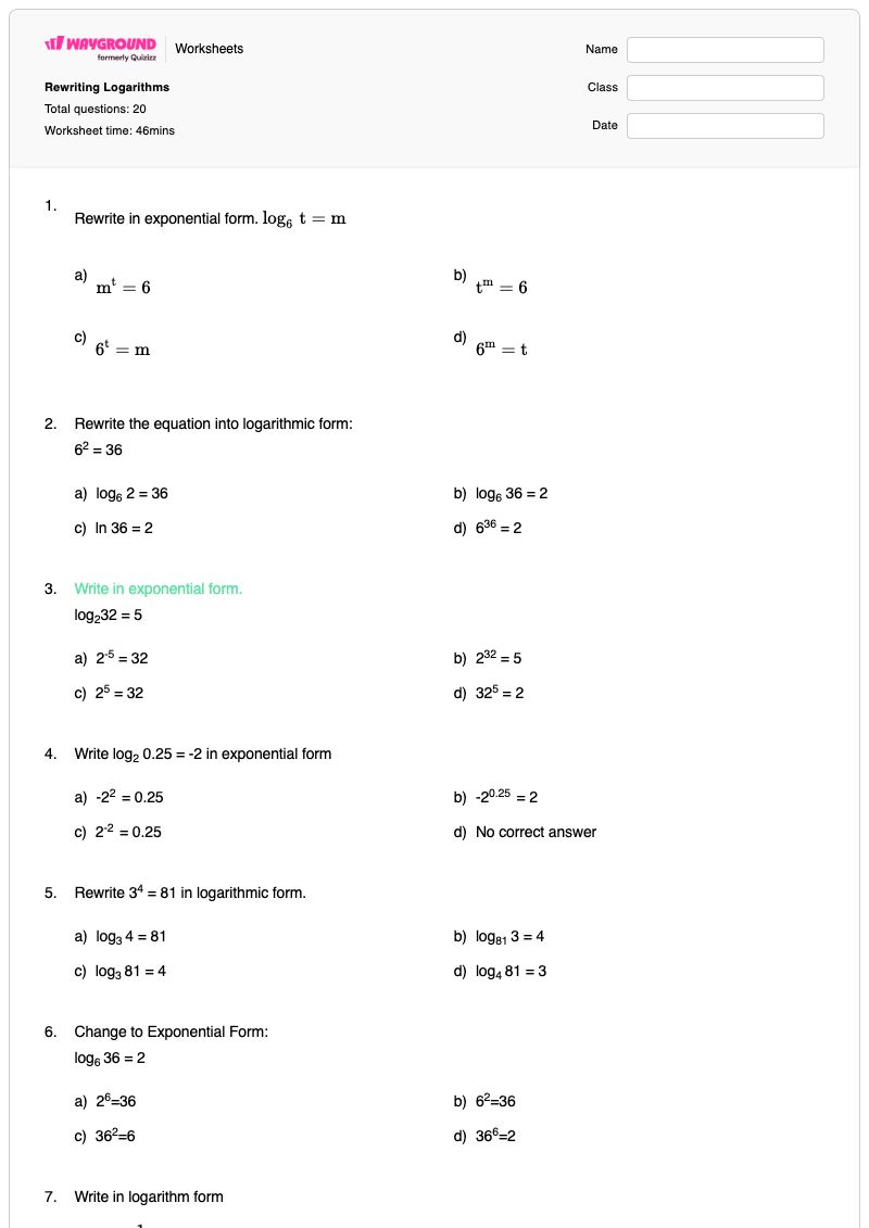 Rewriting Logarithms - Printable Logarithms Worksheets - Wayground