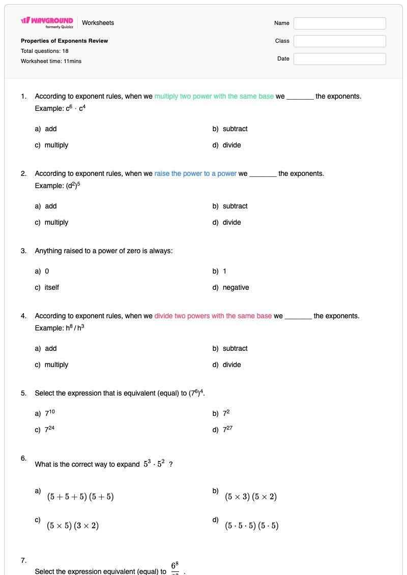 Properties of Exponents Review - พิมพ์ได้ Exponent-operations เวิร์กชีท ระดับ 8 - Wayground