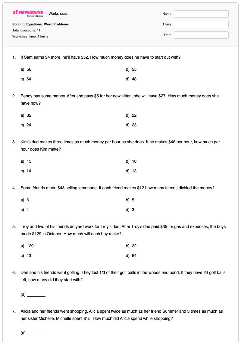 Solving Equations: Word Problems  - พิมพ์ได้ System-of-equations-word-problems เวิร์กชีท ระดับ 7 - Wayground