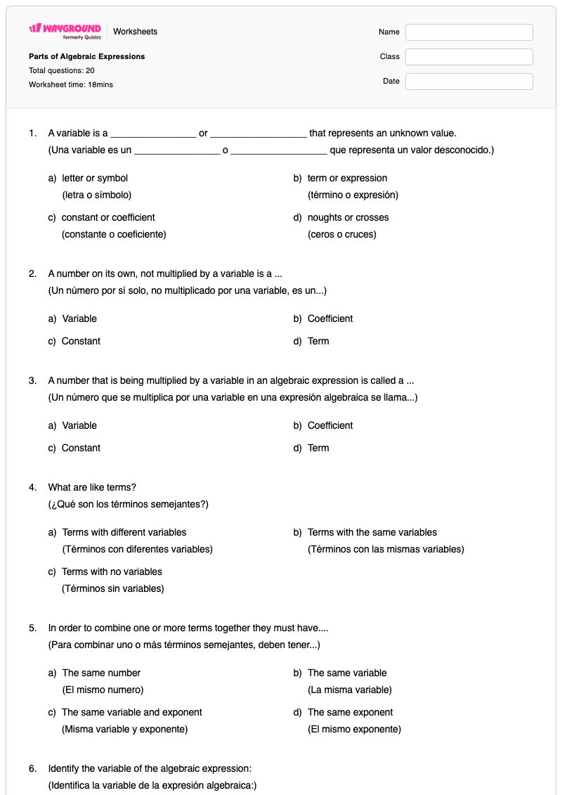 Parts of Algebraic Expressions - Printable Parts-of-an-expression Worksheets - Wayground