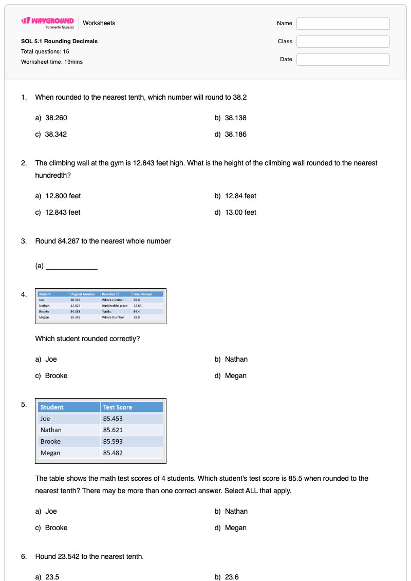 SOL 5.1 Rounding Decimals - Printable Rounding-to-nearest-10 Worksheets Class 5 - Wayground