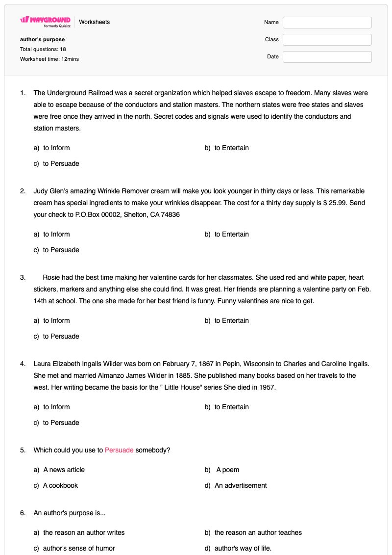 author's purpose - Printable Author-s-craft Worksheets Grade 10 - Wayground