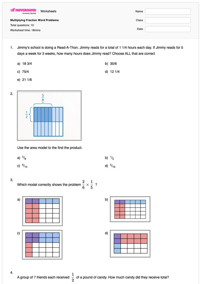 Multiplying Fraction Word Problems - พิมพ์ได้ ปัญหาการเคลื่อนไหว เวิร์กชีท ระดับ 7 - Wayground