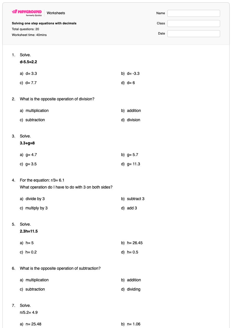 Solving one step equations with decimals - พิมพ์ได้ สมการขั้นตอนเดียว เวิร์กชีท - Wayground