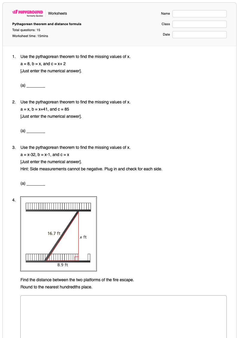 Pythagorean theorem and distance formula - พิมพ์ได้ ทฤษฎีบทการบีบอัด เวิร์กชีท ระดับ 9 - Wayground