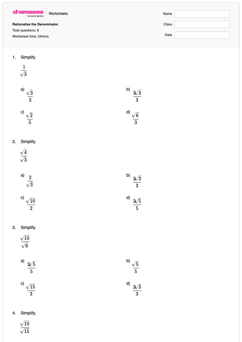 Rationalize the Denominator - พิมพ์ได้ การลดรูปรากที่สอง เวิร์กชีท - Wayground