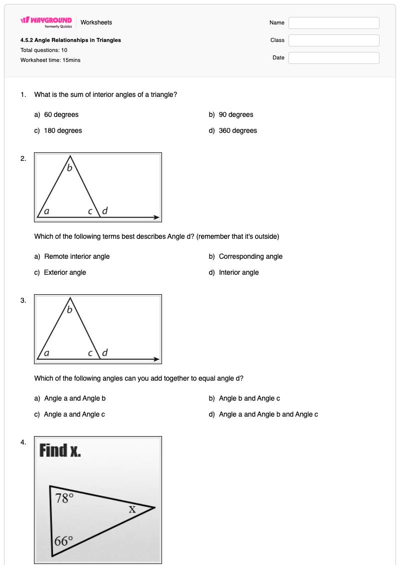 4.5.2 Angle Relationships in Triangles - พิมพ์ได้ ความสัมพันธ์เชิงมุม เวิร์กชีท - Wayground