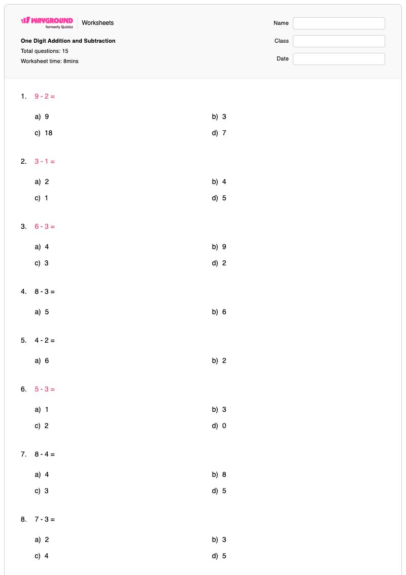 One Digit Addition and Subtraction - พิมพ์ได้ Addition-and-subtraction เวิร์กชีท - Wayground