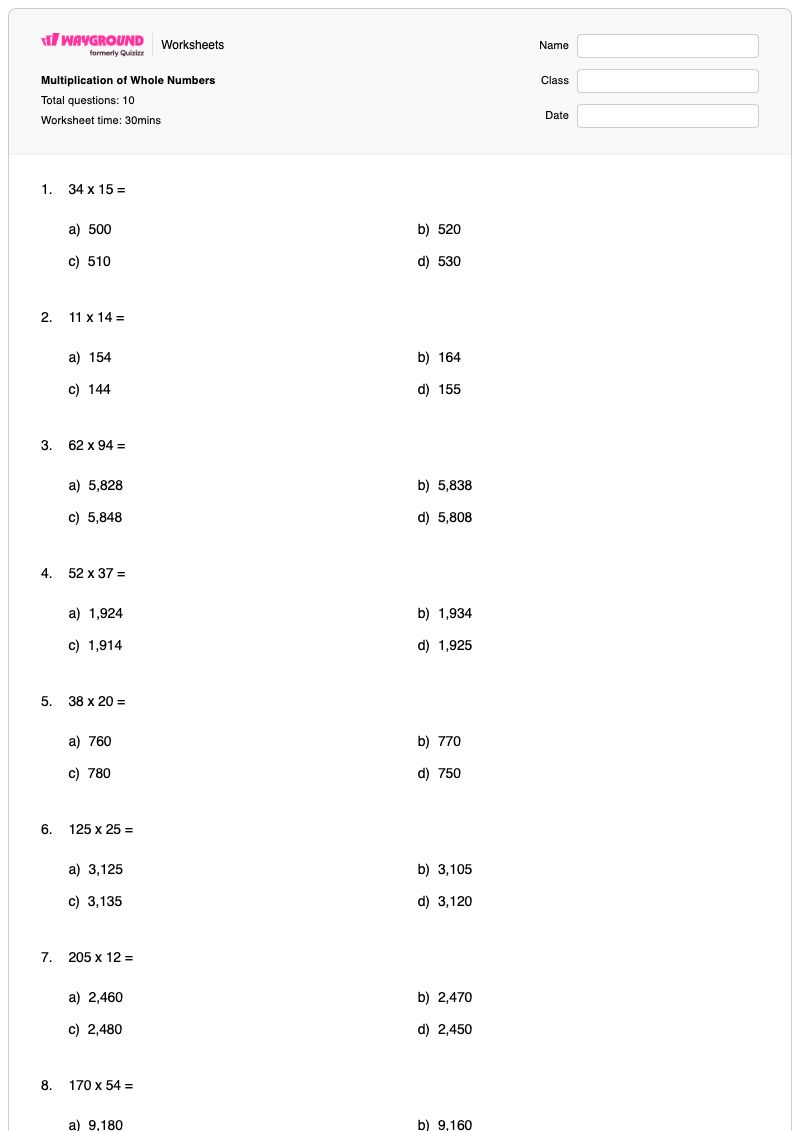 Multiplication of Whole Numbers - Printable Multiplication Worksheets - Wayground
