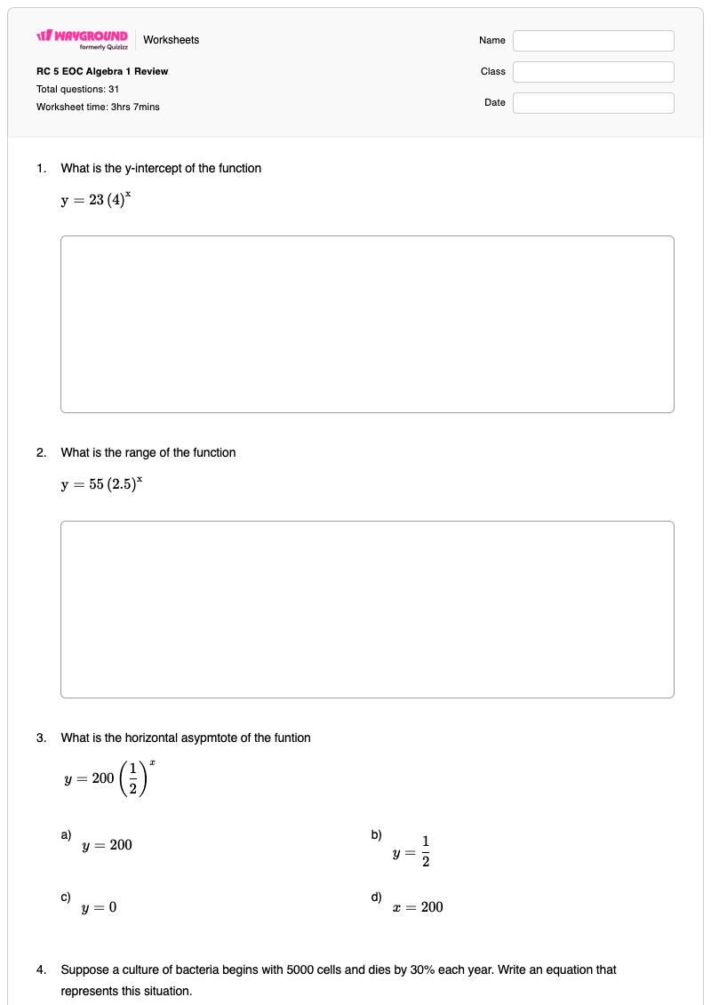 RC 5 EOC Algebra 1 Review  - Printable 1:1-correspondence Worksheets - Wayground