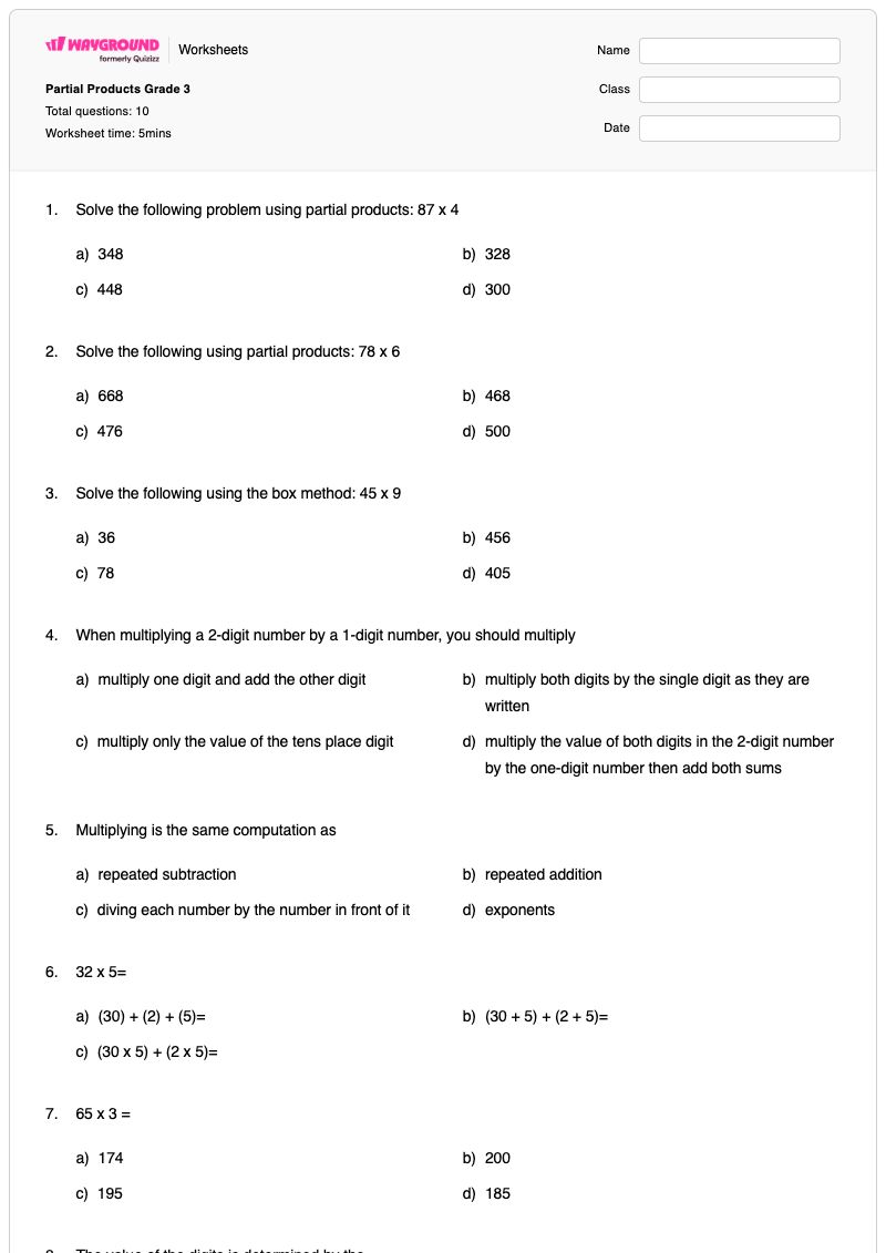 Partial Products Grade 3 - Printable Multiplication-and-partial-products Worksheets Year 3 - Wayground