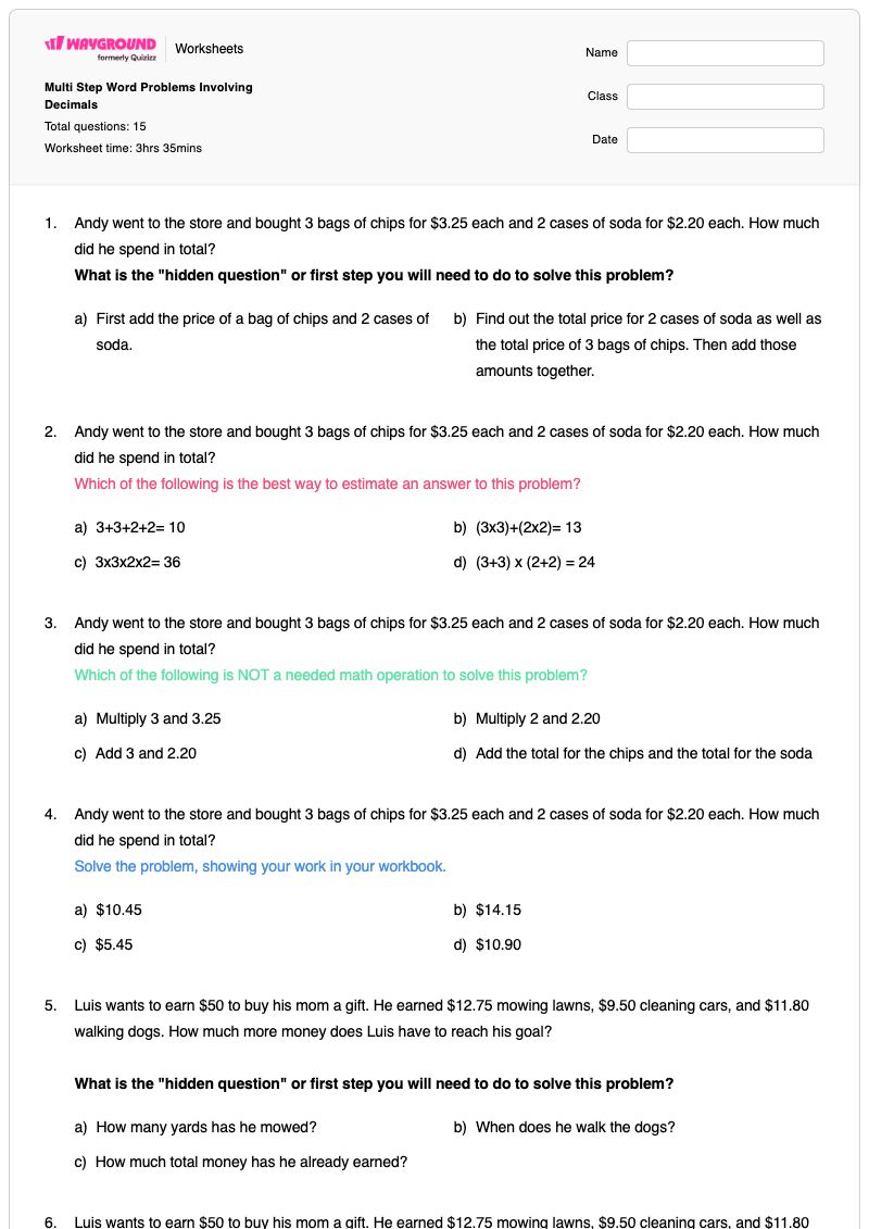 Multi Step Word Problems Involving Decimals - พิมพ์ได้ Decimal-word-problems เวิร์กชีท - Wayground