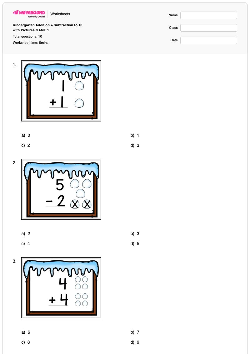 Kindergarten Addition + Subtraction to 10 with Pictures GAME 1 - พิมพ์ได้ ส่วนที่เพิ่มเข้าไป เวิร์กชีท โรงเรียนอนุบาล - Wayground