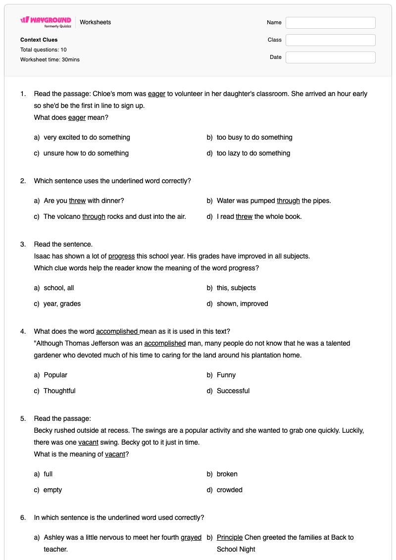Context Clues - พิมพ์ได้ การพิจารณาความหมายโดยใช้บริบท เวิร์กชีท ระดับ 4 - Wayground