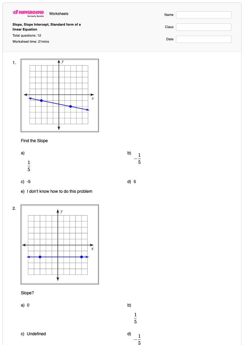 Slope, Slope Intercept, Standard form of a linear Equation - พิมพ์ได้ รูปแบบความชัน-จุดตัดแกน เวิร์กชีท - Wayground