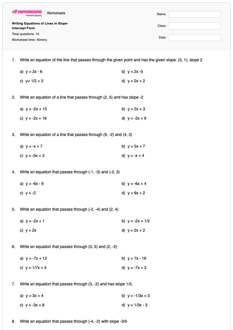 Writing Equations of Lines in Slope-Intercept Form - พิมพ์ได้ รูปแบบความชัน-จุดตัดแกน เวิร์กชีท - Wayground
