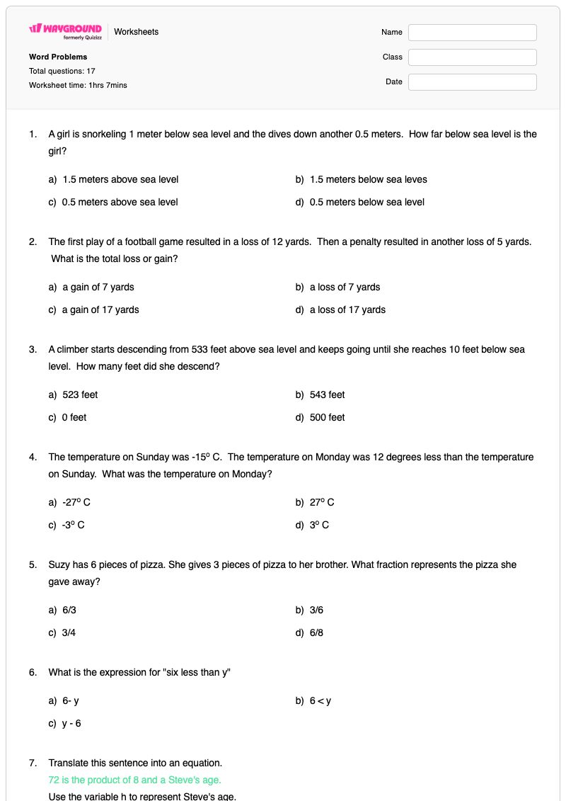 Word Problems - พิมพ์ได้ โจทย์ปัญหาการคูณ เวิร์กชีท ระดับ 7 - Wayground