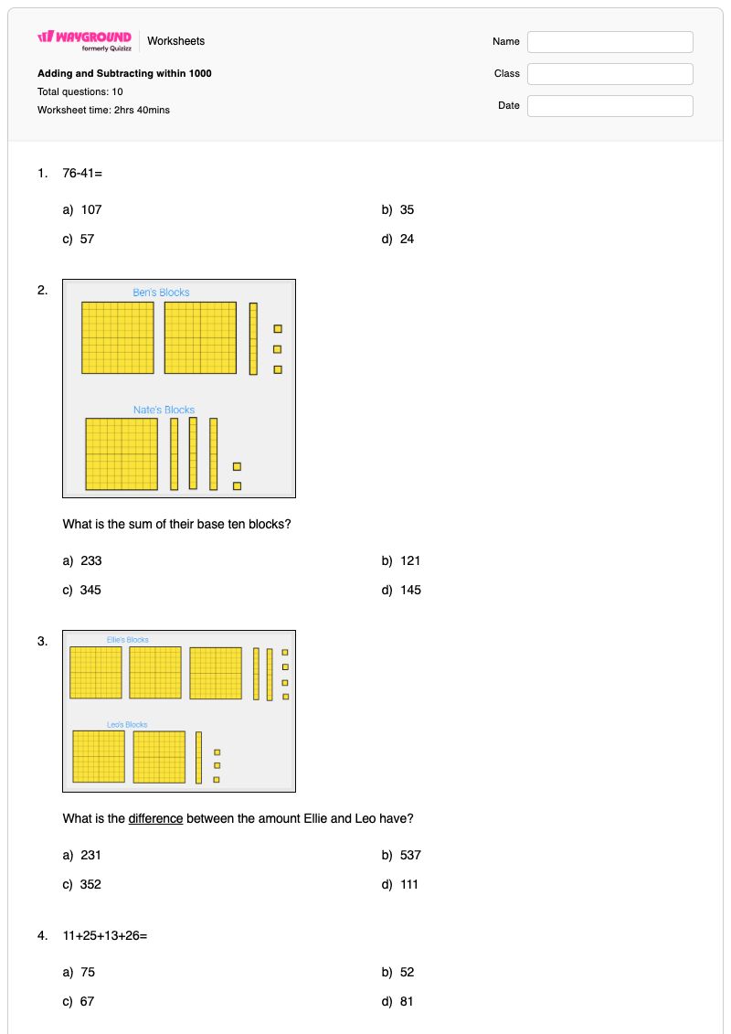 Adding and Subtracting within 1000 - พิมพ์ได้ การบวกกับสิบ เวิร์กชีท ระดับ 2 - Wayground