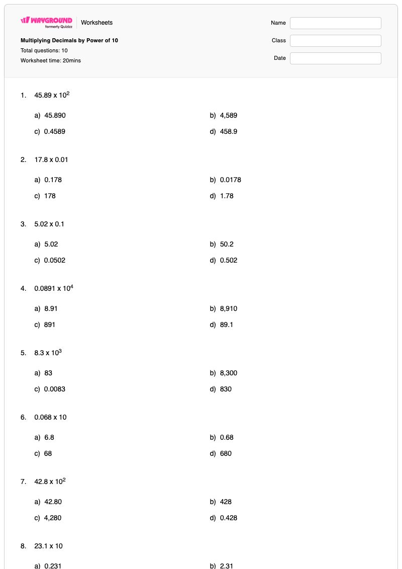 Multiplying Decimals by Power of 10 - Printable Powers-of-10 Worksheets - Wayground