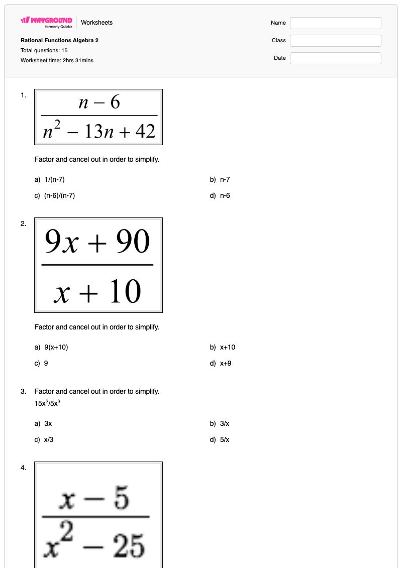 Rational Functions Algebra 2 - Printable Algebra-2 Worksheets - Wayground
